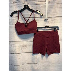 Burgundy Workout Two Piece Set Strappy Sports Bra & High Waist Shorts Size M